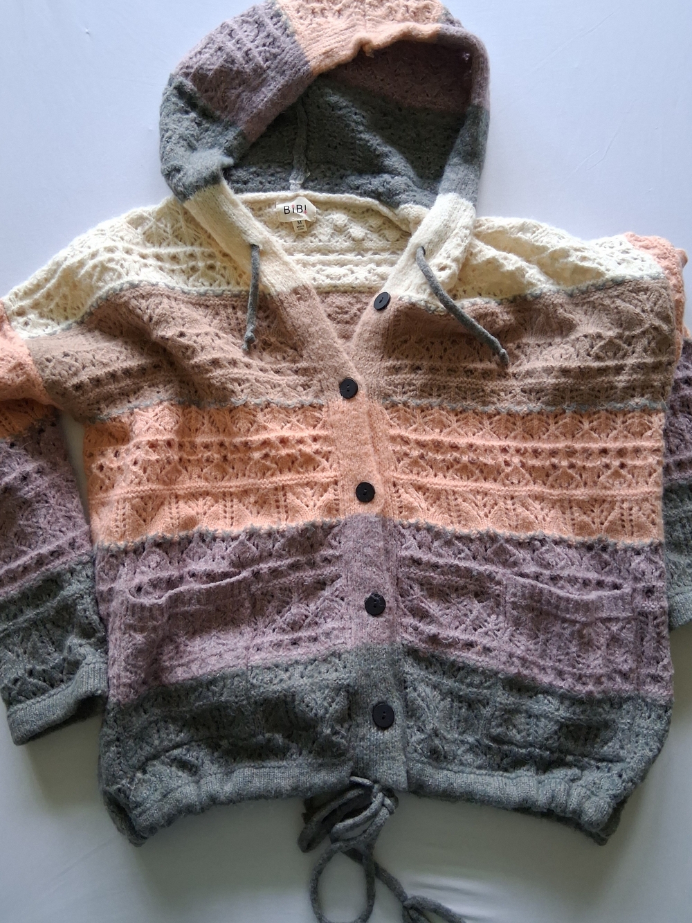 BiBi Striped Knit Hooded Cardigan in Cream, Peach & Gray